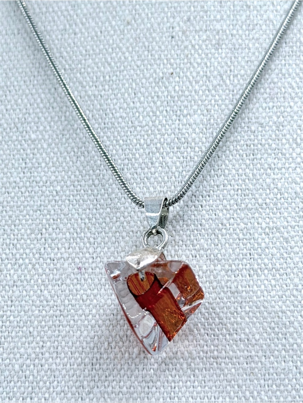 Artesian Fused Glass Pendant Woman’s Necklace   jewelry Orange Amber Silver